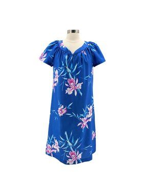Vintage Hilo Hattie Womens Medium Dress Mumu Hawaiian Floral Blue Beach Party